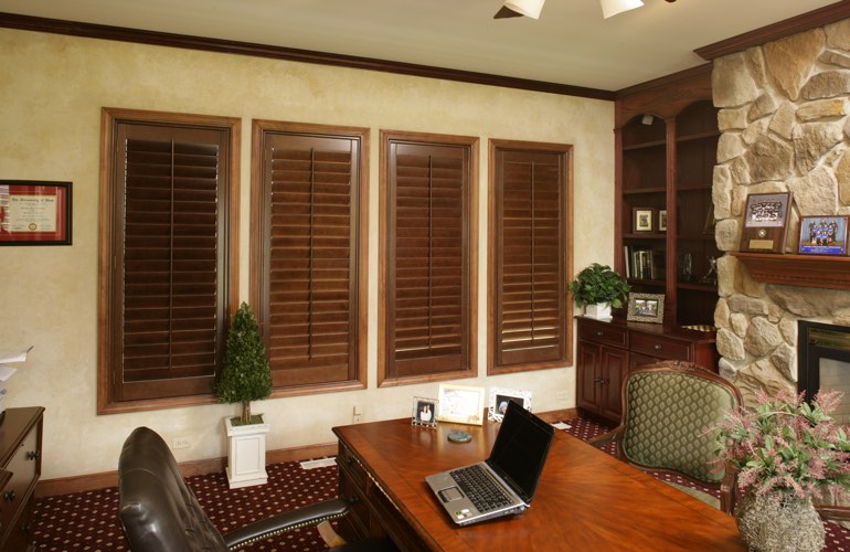 Hardwood plantation shutters in a Minneapolis home office